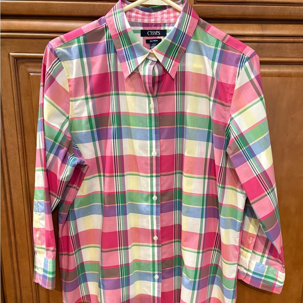 Chaps Colorful Plaid Shirt with Pink and Green Size Large NWOT